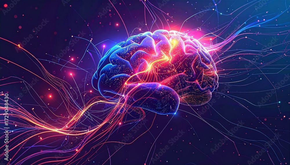 Obraz premium Abstract visualization of a powerful digital mind, with luminous neural pathways and complex data streams representing artificial intelligence