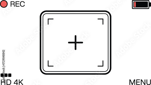 Camera viewfinder with recording indicator, focus crosshairs and battery level
