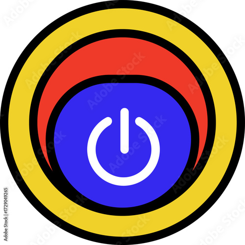 Stylish power button icon with primary colors, featuring concentric circles and a white power symbol