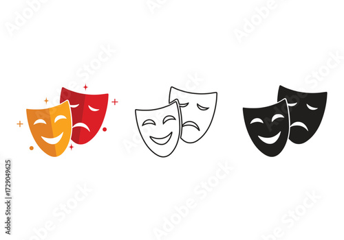 Theatrical Masquerade vector icon set. theatre mask signs. Masquerade mask vector icon on white background, Comic and tragic mask icon Vector illustration