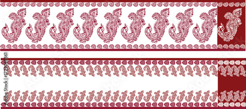 peacock saree, white saree with red border, puja saree illustration