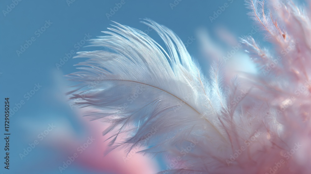 Obraz premium Delicate white and soft pink feathers sway gently in the breeze under a clear blue sky, creating a sense of calm and serenity in nature.
