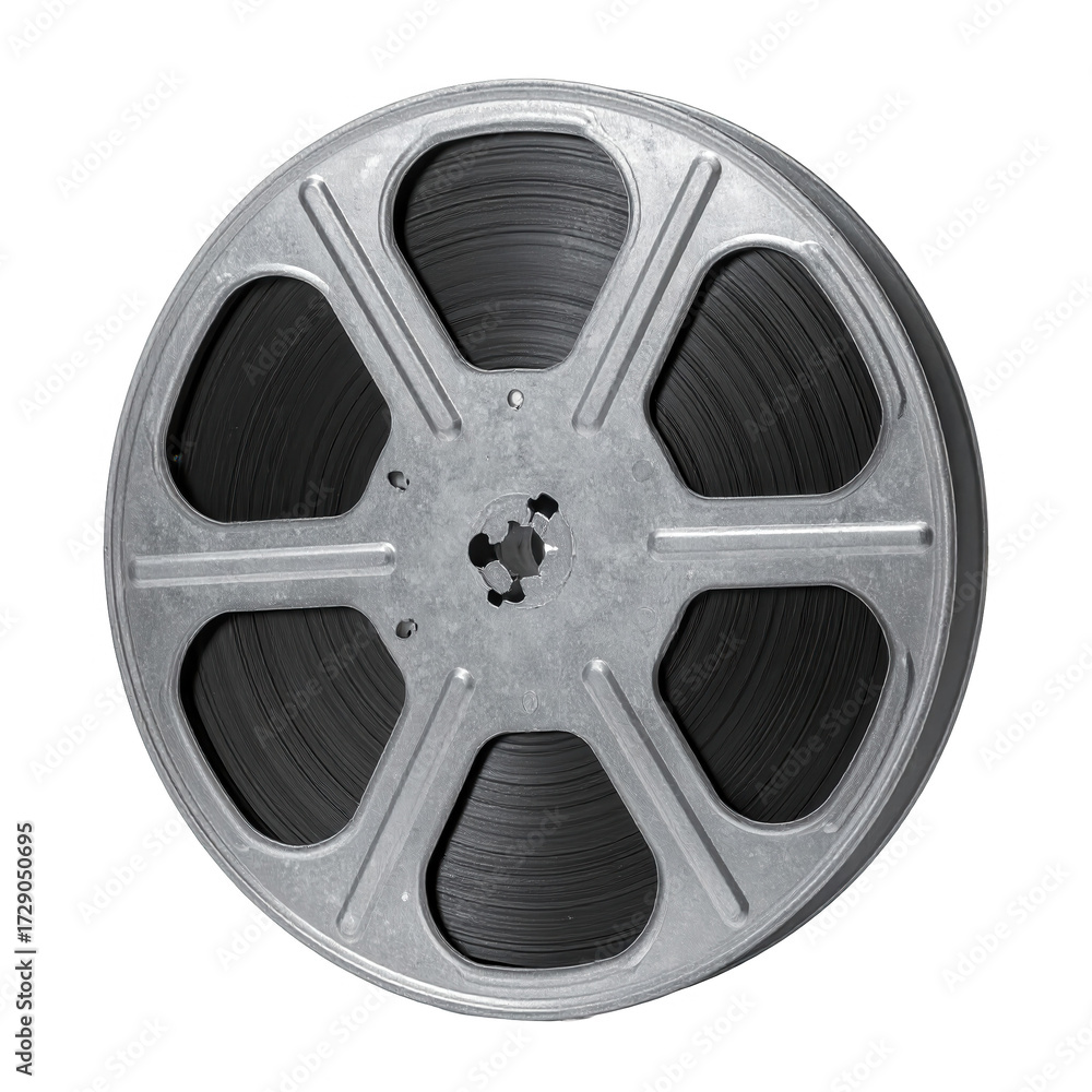 Fototapeta premium reel showcasing a full roll of , presented against a stark black backdrop, emphasizing the classic cinema aesthetic.