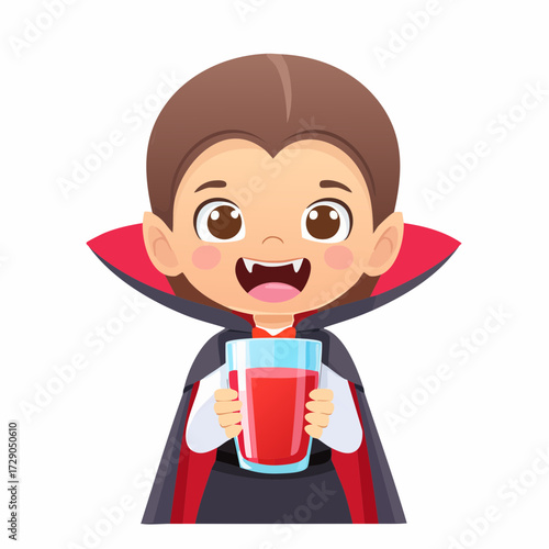 Cute Vampire Kid in Costume Holding a Glass of Red Juice for Halloween Fun