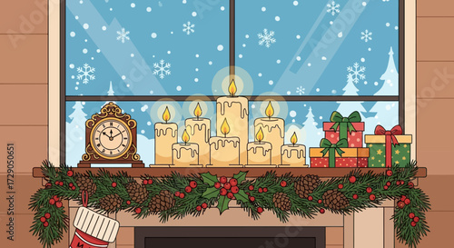 Festive fireplace mantelpiece adornment featuring holiday decorations and a wintery window scene