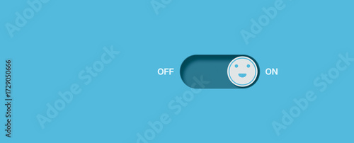 Minimalist switch button with smiley face icon symbolizing positivity, optimism mindset, representing concept of turning on happiness, motivation or positive thinking, World mental health day