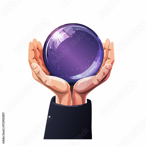 Hands holding a crystal ball with stars for astrology and mystical predictions