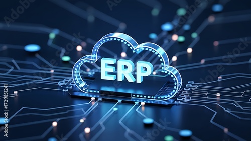 Glowing cloud shaped erp system icon representing enterprise resource planning and digital transformation on a circuit board background
