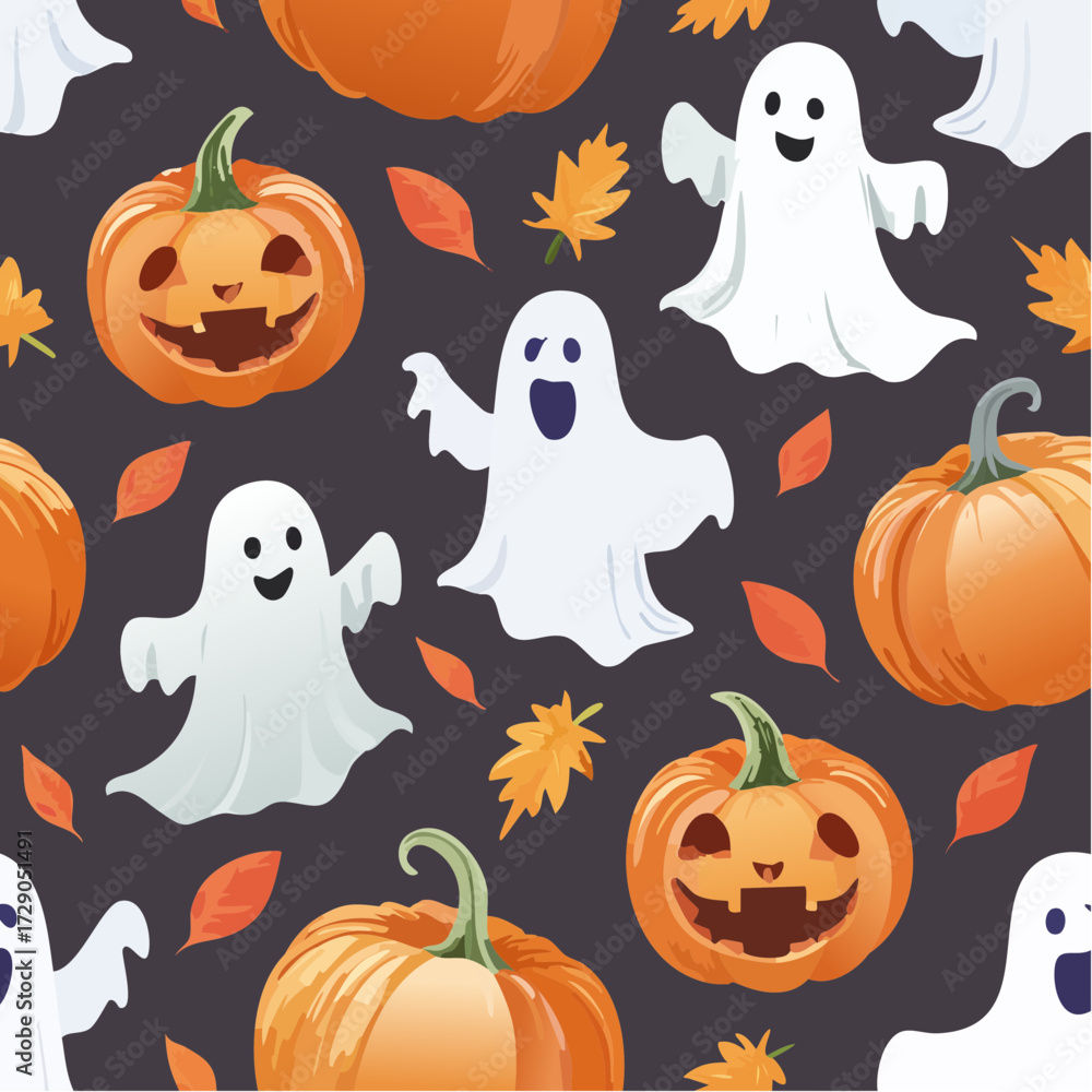 Fototapeta premium Spooky Halloween seamless pattern featuring carved pumpkins and playful ghosts, perfect for festive decorations and spooky themes