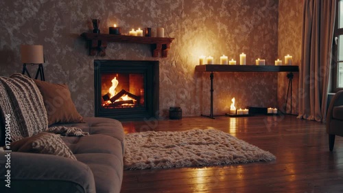 Cozy living room with fireplace and candles creating a warm atmosphere in evening light