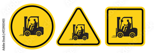 Three distinct yellow warning signs featuring a black silhouette of a forklift truck with a driver inside signifying operational areas