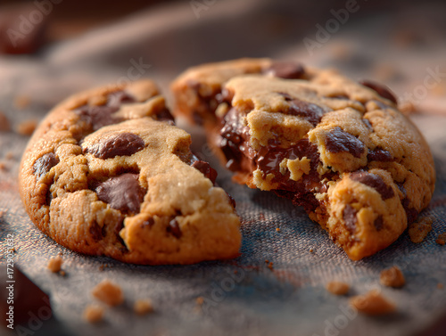 Deliciously Gooey Chocolate Chip Cookie, Broken in Half, Showcasing Melty Chocolate