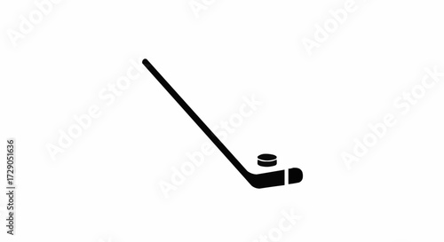 A simple illustration of a hockey stick and puck in black silhouette on a white background design