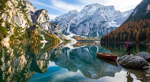 Serene Mountain Lake Reflection with Canoe Autumn Colors.