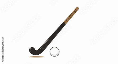 Illustration of a field hockey stick with brown tape and a white puck on a white background scene