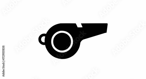 A simple black and white illustration depicting a classic whistle with a ring for attaching a lanyard