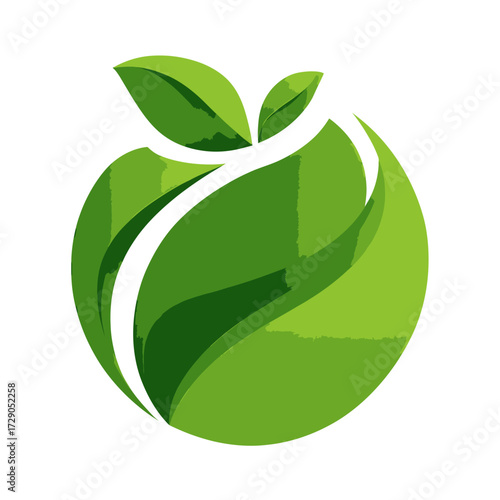 Abstract image of an apple shape, with two leaves, composed of stylized, overlapping green leaves
