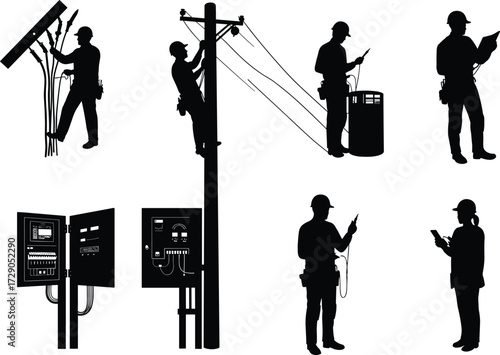 Electrician silhouettes, solar panel inspection, utility pole work, electrical diagnostics, technician teamwork, black and white vector, energy system maintenance, field service