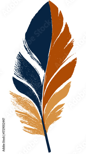 A stylized depiction of a feather divided into sections of dark blue and warm earth tones