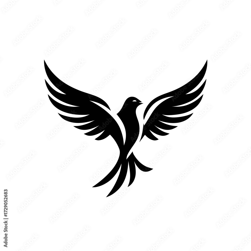 Obraz premium A stylized black bird with outstretched wings against a white background, in a minimalist design