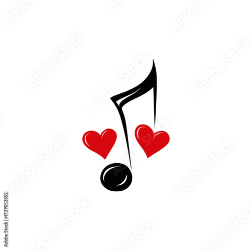 Musical note illustration with two red hearts symbolizing love, set against a simple white backdrop