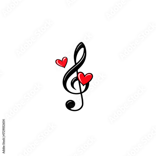 Musical symbol with red hearts. A black treble clef with two red hearts. Plain white background