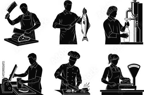 Food preparation silhouettes, meat cutting, fish cleaning, vegetable chopping, deli slicing, weighing ingredients, black vector icons, kitchen tools, chef, processing tasks