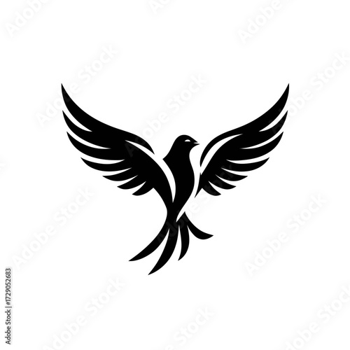 A stylized black bird with outstretched wings against a white background, in a minimalist design