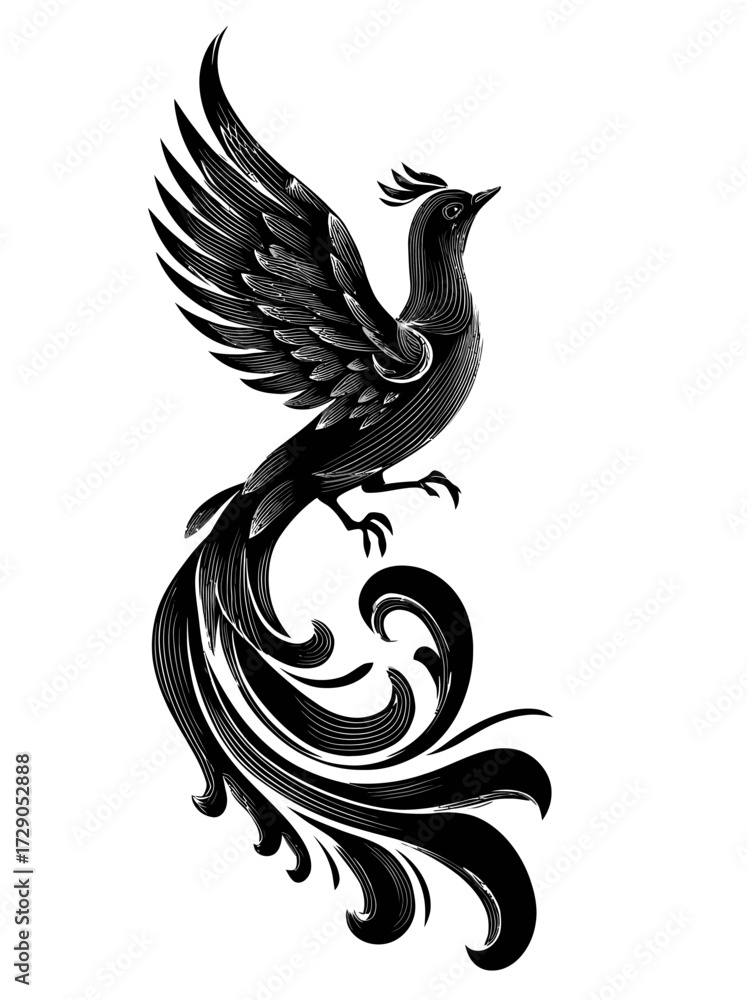Obraz premium A grayscale image depicts a bird with elongated flowing tail, and outstretched wing, with a unique crest