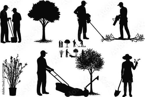 Gardening silhouettes, landscaping workers, tree trimming, lawn mowing, planting activities, black vector icons, outdoor maintenance, garden tools, hedge cutting, shovel, chainsaw