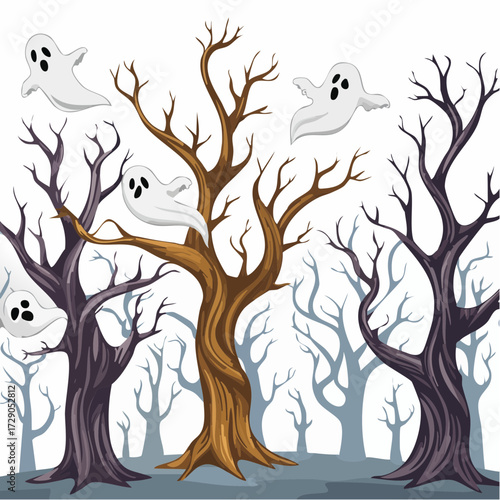 Playful ghosts haunt a mysterious and spooky forest with bare, twisted trees in this festive Halloween cartoon illustration