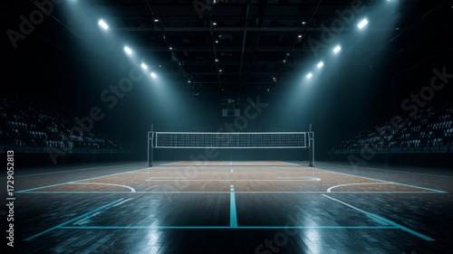 Empty professional indoor volleyball court illuminated with bright arena lights ready for a match or training session