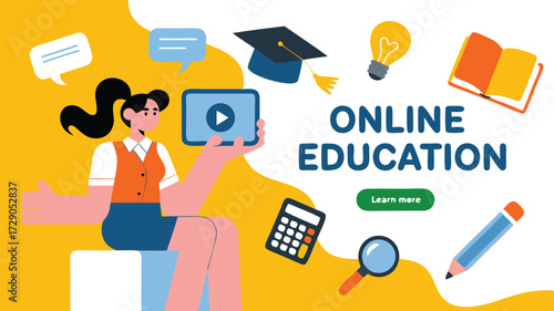 Online education concept with a woman holding a tablet and educational elements.