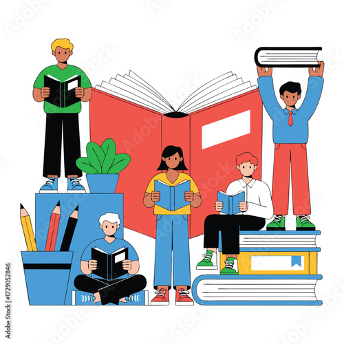Illustration of people reading books, promoting education and knowledge.
