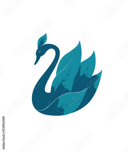 An artistic illustration shows a swan with leaves instead of feathers in shades of teal and turquoise