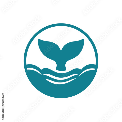 A minimalist illustration of a whale's tail breaching ocean waves within a circular frame