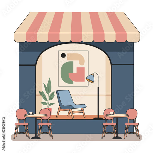 A chic cafe scene where minimalist art and a modern chair are framed by a classic Parisian facade, under a striped awning.