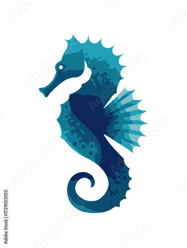 A stylized illustration of a seahorse, featuring shades of blue on a white background, facing left