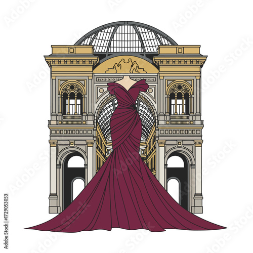 A classic archway and glass dome of the Galleria Vittorio Emanuele II fuse with a sweeping couture gown, creating a design that captures Milan's architectural and fashion elegance.