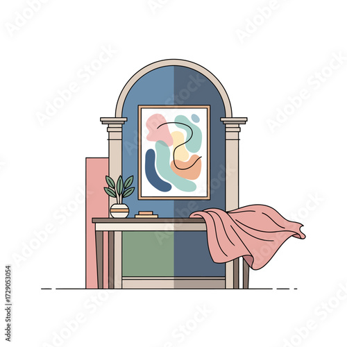 A classic archway frames a minimalist scene. Contemporary art and a hint of haute couture blend with a simple plant, capturing a serene Parisian aesthetic.