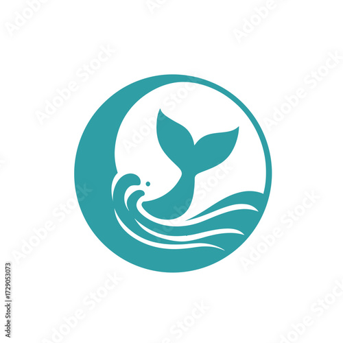 Circular turquoise illustration of a whale tail breaching with waves inside a white outlined circle
