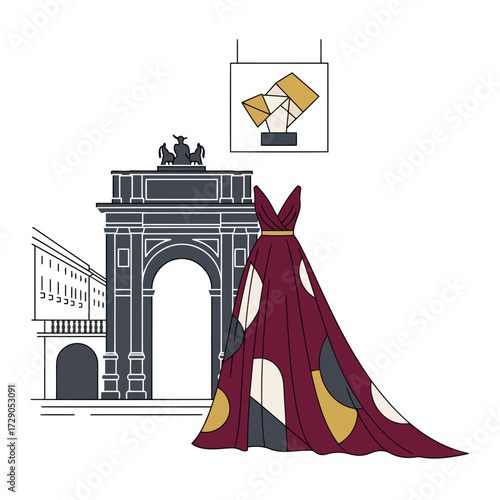 A fusion of Milanese flair. A high-fashion gown stands before a classic archway, combining sophisticated couture with a hint of contemporary art and iconic architecture.