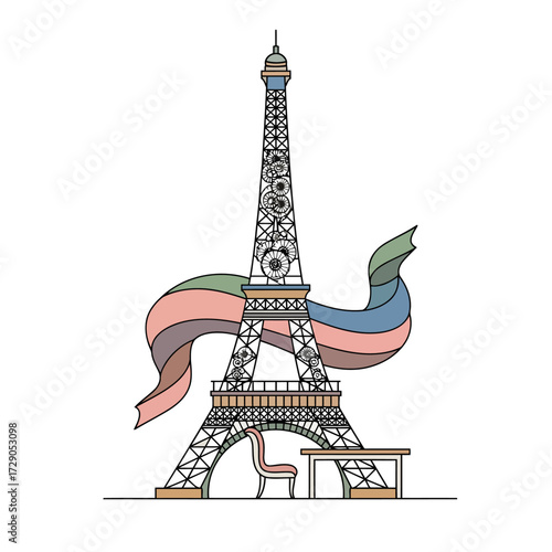 A fusion of Parisian elegance. The Eiffel Tower, draped in couture, framed by classic architecture. Design, fashion, and history unified..