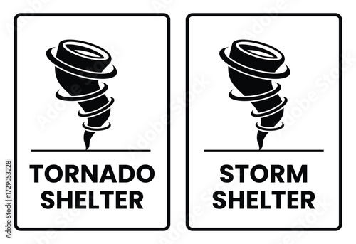  Tornado shelter and storm shelter sign,  Tornado shelter and storm shelter label, badge, icon, sticker, label, emblem, stamp, symbol, black, line, flat vector, isolated illustration.