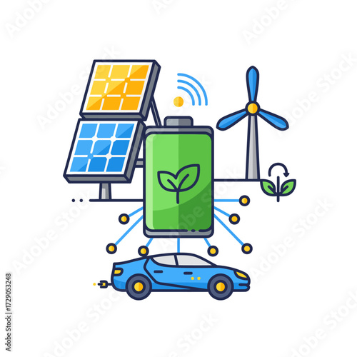A single icon for a Clean Energy and Smart Energy Exhibition. A green battery acts as the core, with a solar panel, wind turbine, and a smart EV connected by network lines, symbolizing sustainable inn