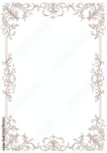 An ornate beige and brown frame with swirling floral elements. Decorative, vintage border design