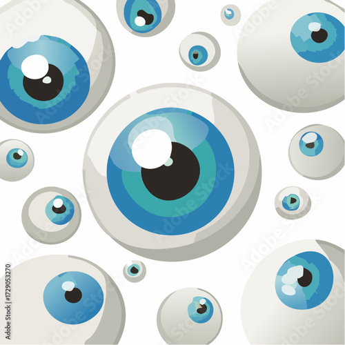 Surreal seamless pattern of floating blue cartoon eyeballs representing concepts of watching, paranoia, and constant observation