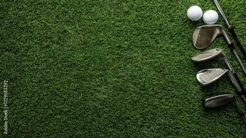 Flat lay of golf clubs, golf balls, tees, and gloves arranged on vibrant artificial grass for sports and leisure activities