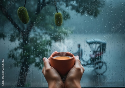 Hands holding a clay cup of hot steaming bangladeshi cha while watching the rain outside