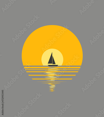 Sunset Sail Silhouetted sailboat sailing on reflective water beneath a setting sun